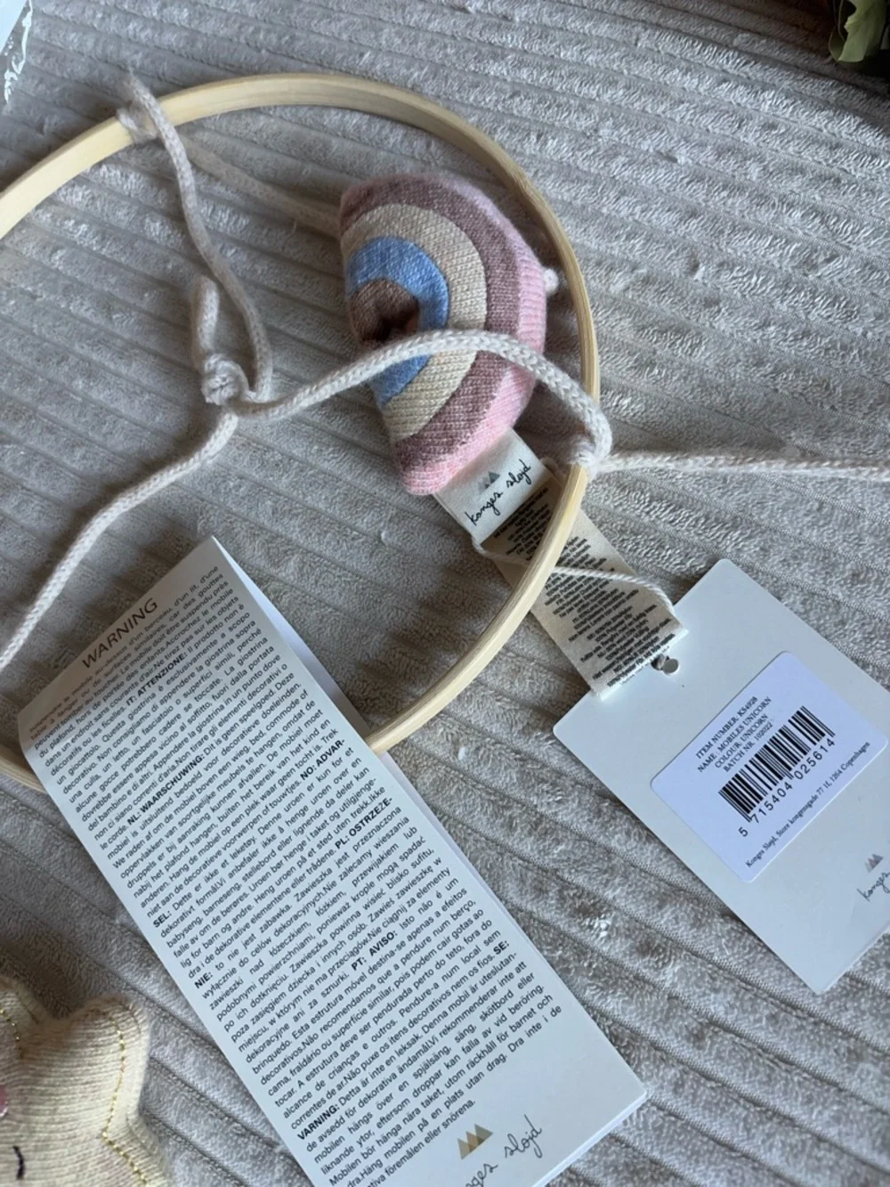 Konges Sloejd Cream Hanging Baby Mobile with Plush Unicorn